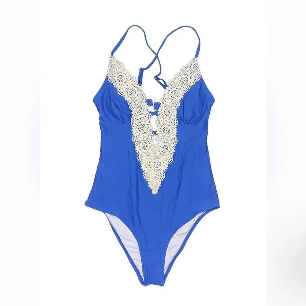 Cupshe lace plunge blue and cream one piece swimsuit,‎ size small